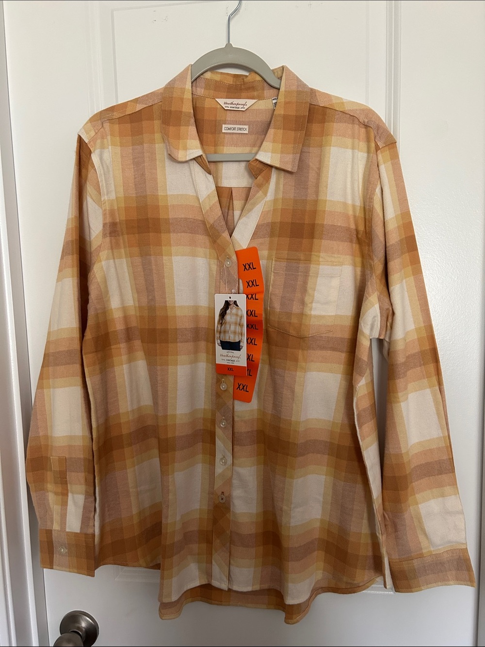 Weatherproof Ladies Plaid Button-Down Flannel Shirt in Beige and Mustard